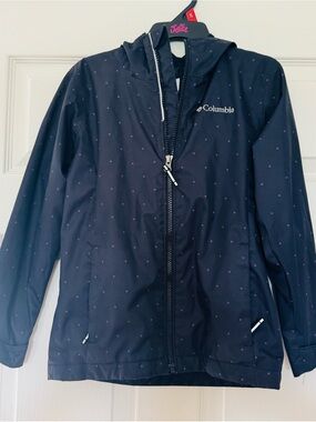Columbia Kids Navy Rain Jacket with Pink Dot Print